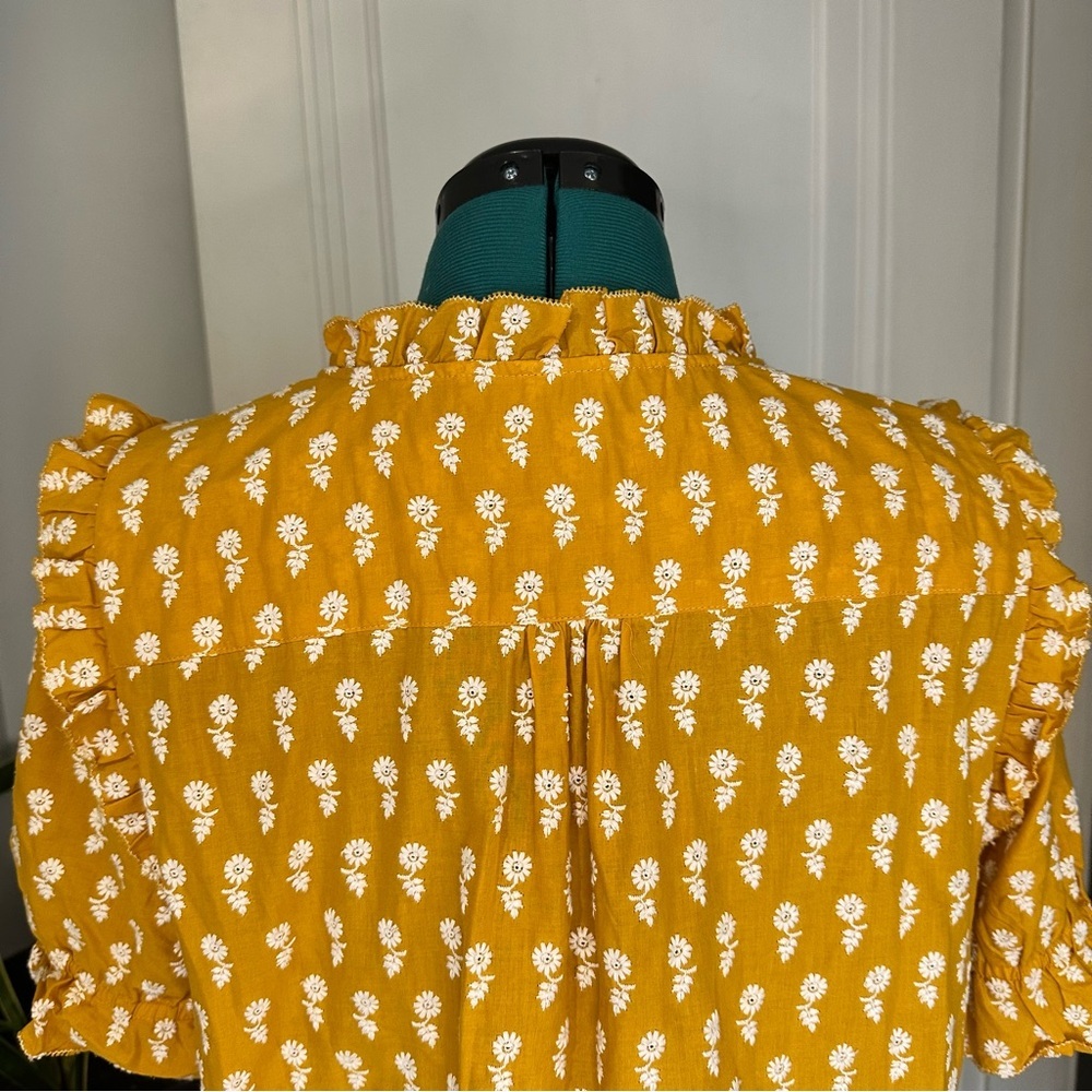J. Crew Mustard Yellow Floral Tie-Neck Ruffle Sleeve Blouse - Picture 7 of 9